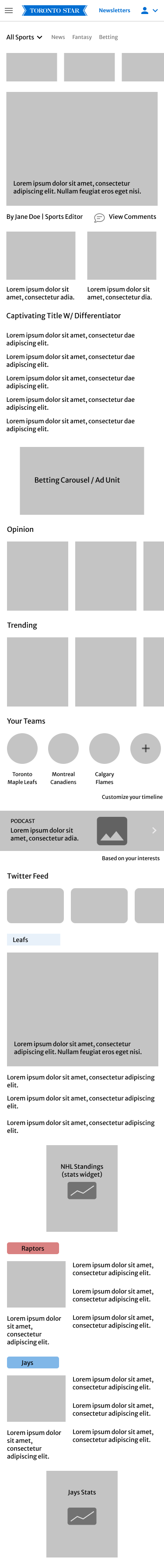 Sports page wireframe